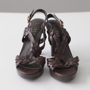Vintage Ralph Lauren sandals leather braided strappy stacked wood heel brown 7.5